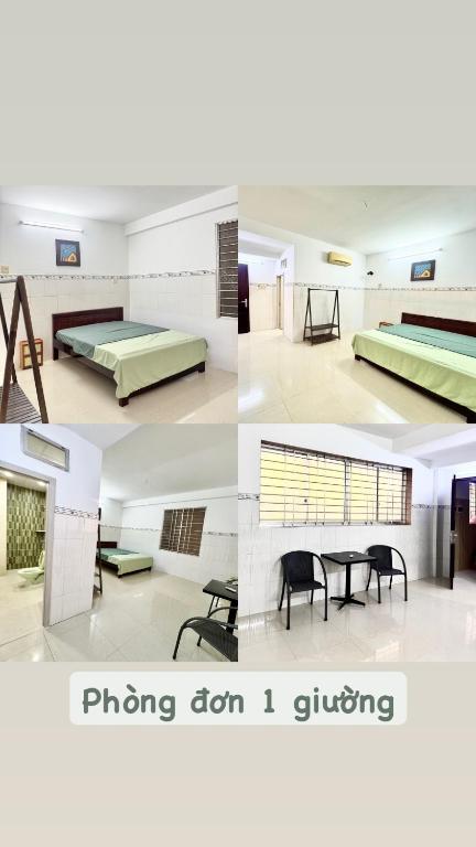three images of a room with a bed and tables at Nhà nghỉ Thu Hoạch in Hà Tiên