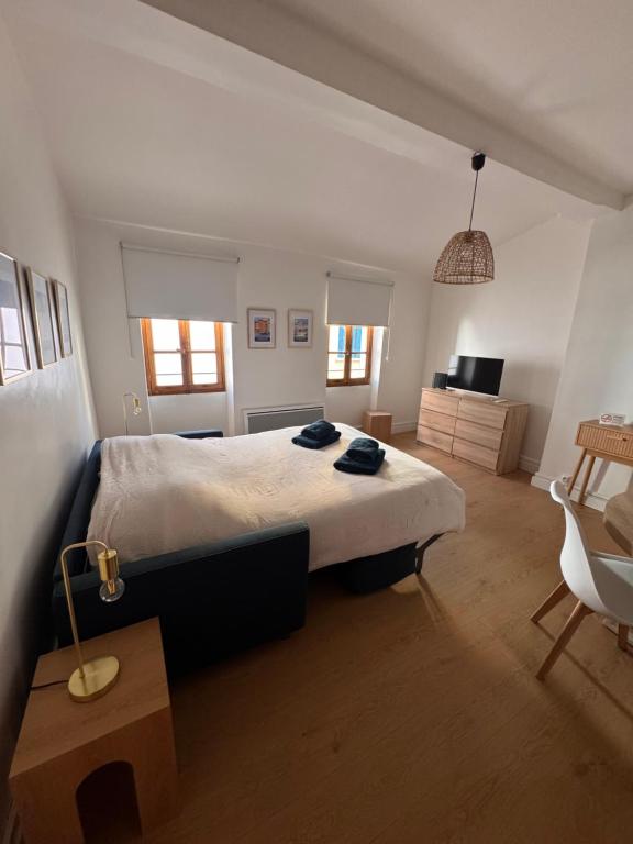 a bedroom with a large bed and a chair at Studio climatisé in Narbonne