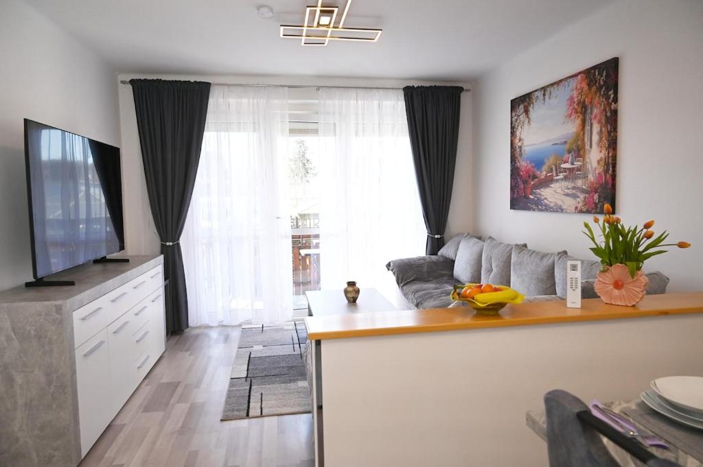 ein Wohnzimmer mit Sofa und Fernseher in der Unterkunft Apartment Sofia in Barnbach