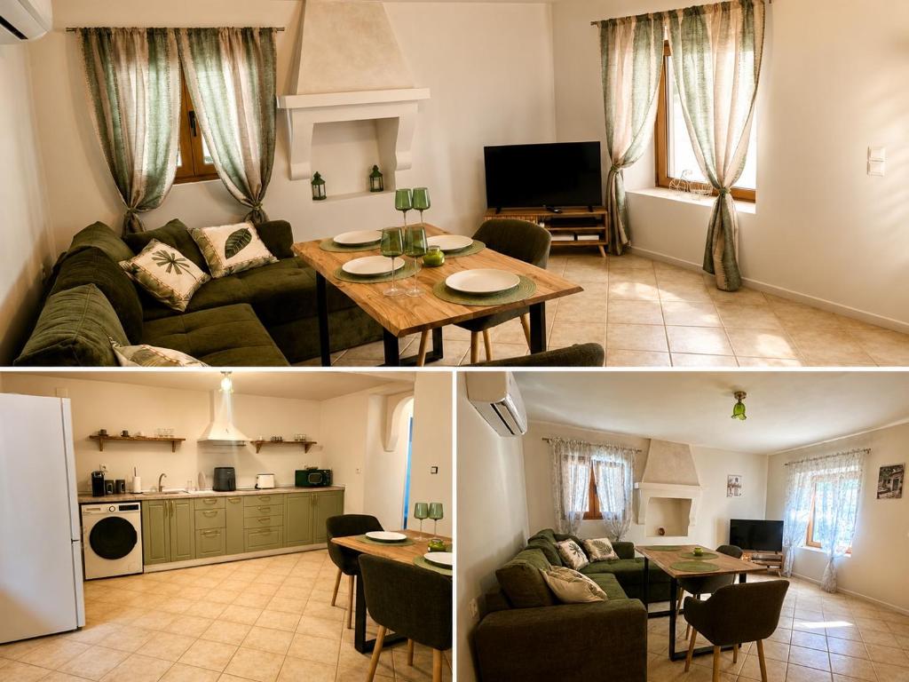 a living room and a kitchen with a couch and a table at Daisy House Golden Beach Area in Potamiá