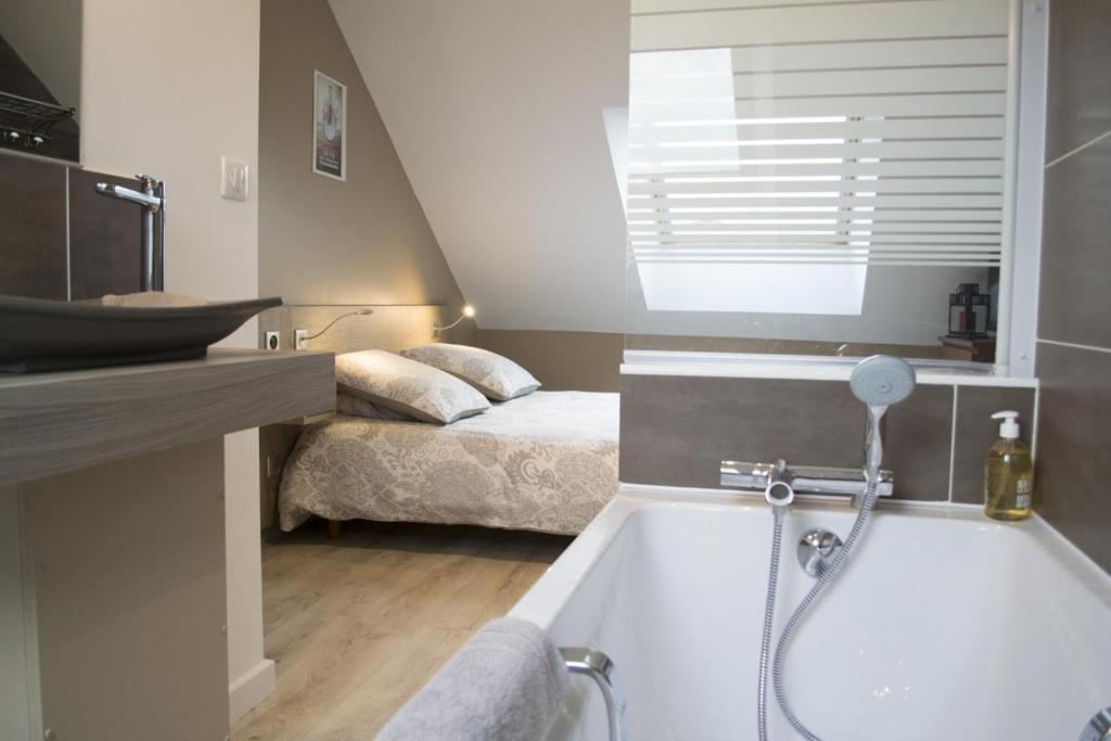 a bathroom with a bath tub and a bed at Appartement12.com in Charleville-Mézières