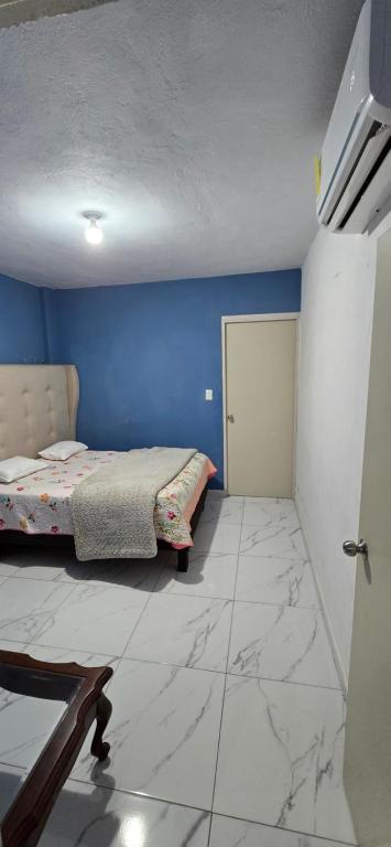 a bedroom with a bed and a blue wall at Departamentos De Cadereyta in Cadereyta Jiménez