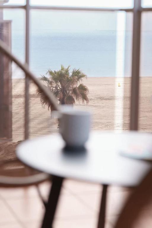 a table with a plant on top of a beach at La bulle canetoise - vue mer in Canet-en-Roussillon
