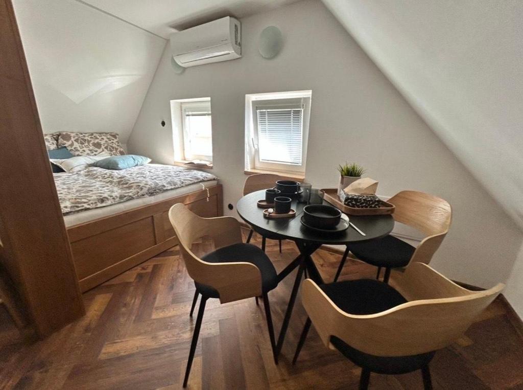 a small room with a table and chairs and a bed at Na Špici Bítov in Bítov