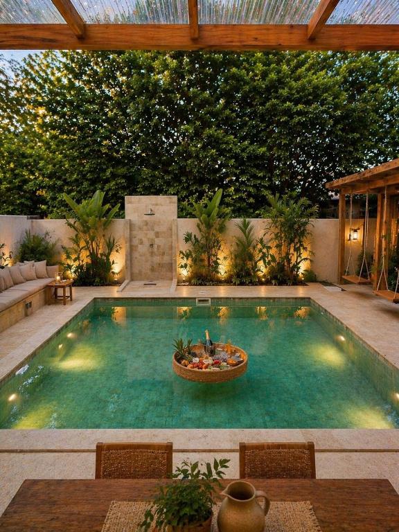 a swimming pool in a backyard with a table and chairs at Alba Villa in Gili Trawangan