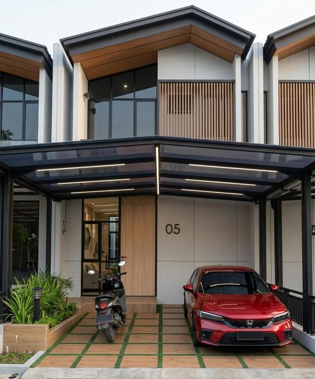 a red car parked in front of a house at RR Travertine House Cikarang in Jatirarangan