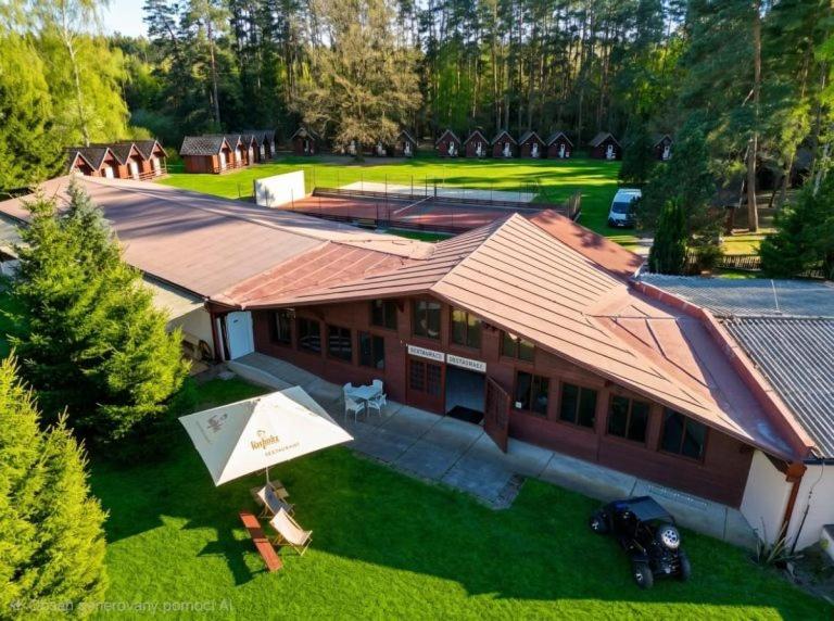 an aerial view of a house with a roof at Relaxační centrum Orion in Roudná