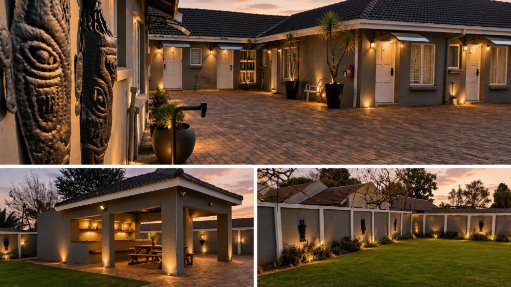 a house with a gazebo and lights in the yard at Phola Lodge OR Tambo in Kempton Park
