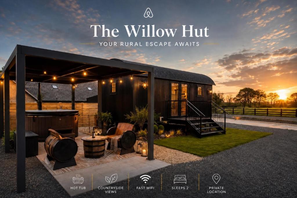 a rendering of a luxurious tiny house with a patio at Everwood Escape- The Willow Hut With Private Hot Tub in Dungiven