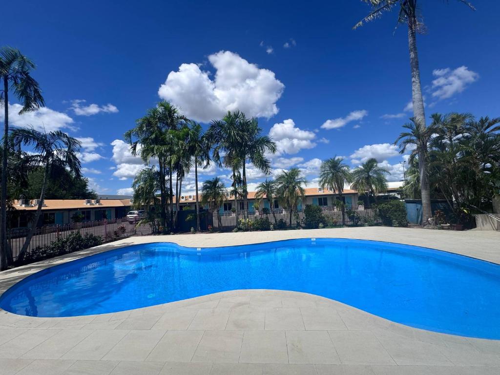 a large blue swimming pool with palm trees in the background at Katherine Motel in Katherine
