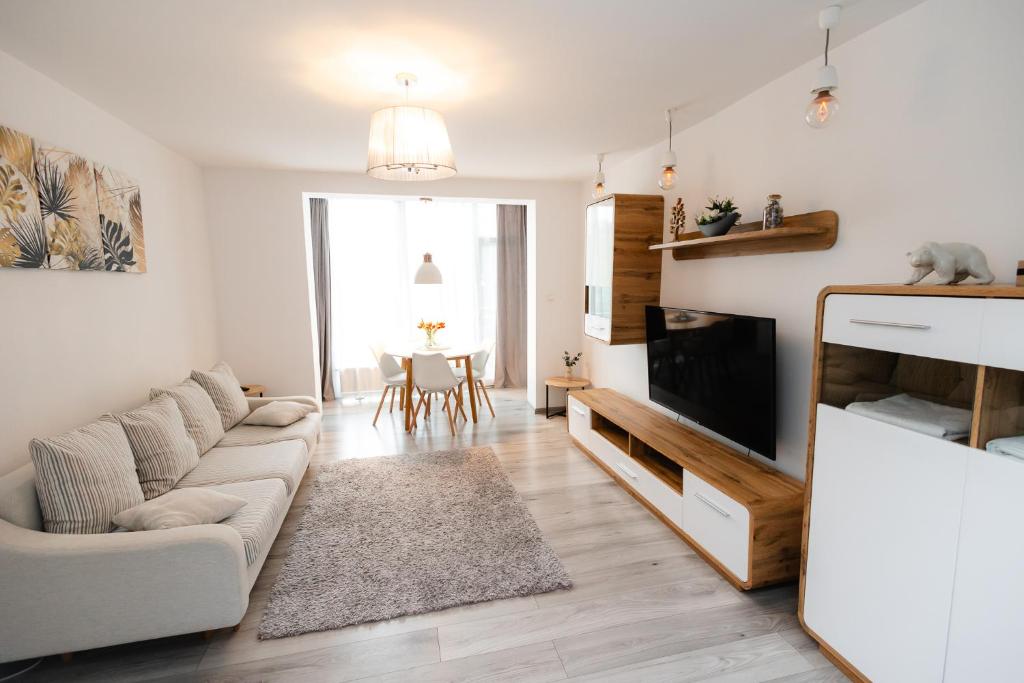 a living room with a couch and a tv at Alexa Apartament in Târgu-Mureş