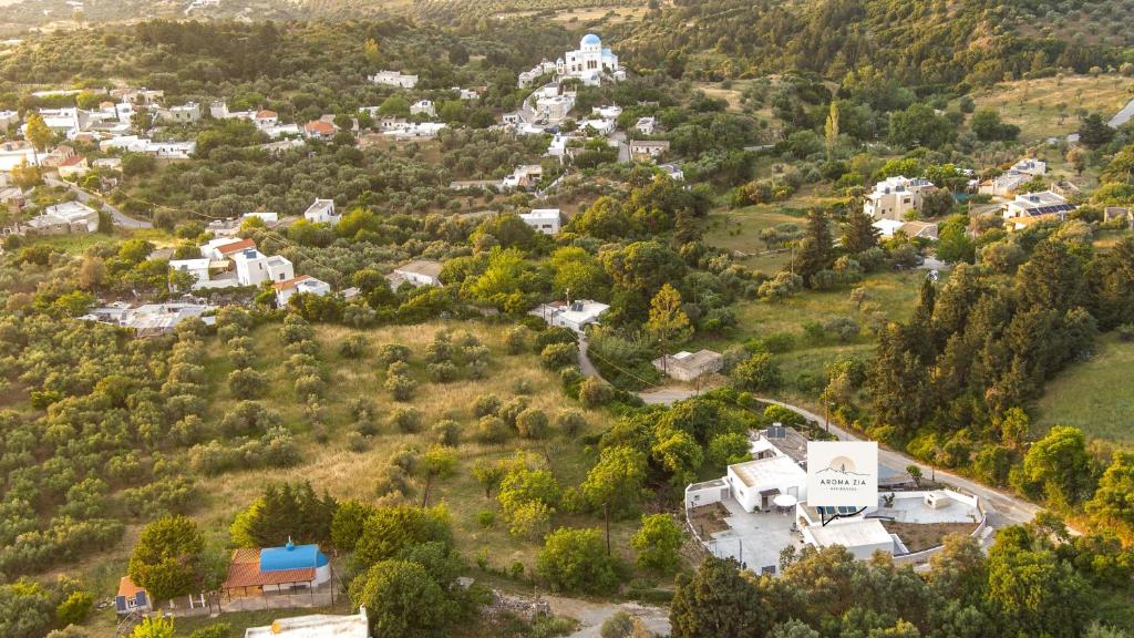 an aerial view of a village with houses and trees at Aroma Zia Residences in Lagoúdi Zía