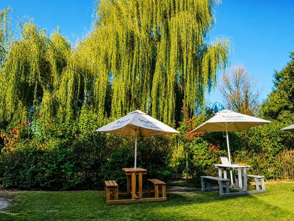 two tables and umbrellas in the grass under a tree at The Big Five Bed and breakfast in Mooiriver