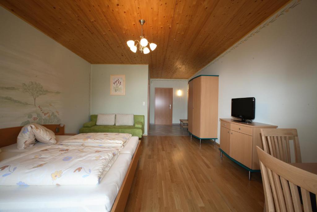 um quarto com uma cama e uma televisão em Weinbauernhof Vier Jahreszeiten em Staatz