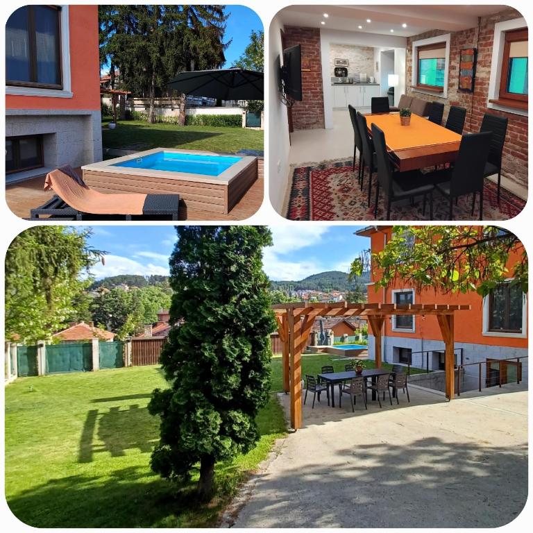 a collage of three pictures of a house with a yard at Hedgehog Villa - Вила Таралеж in Velingrad
