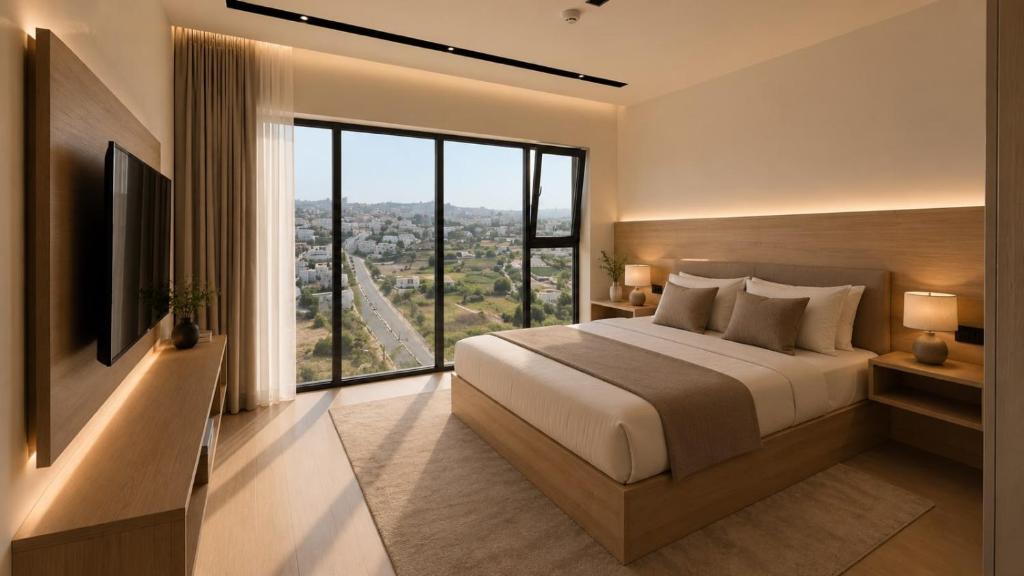 a bedroom with a large bed and a large window at wifad Hotel in Al Namas