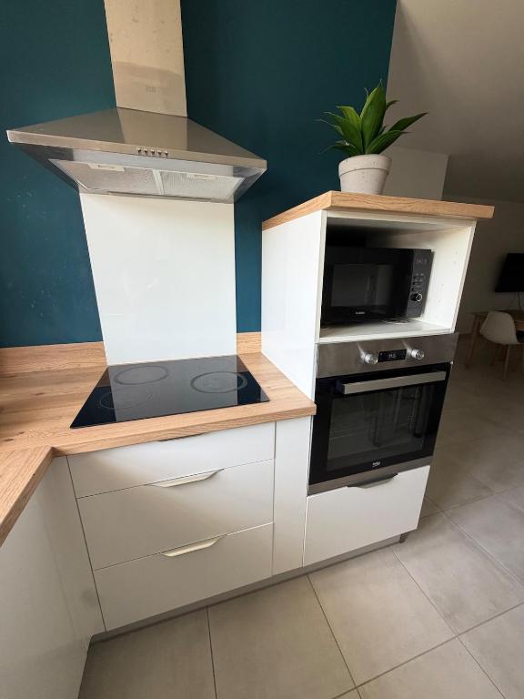a kitchen with white cabinets and a microwave at La Couronne Apartment in La Couronne