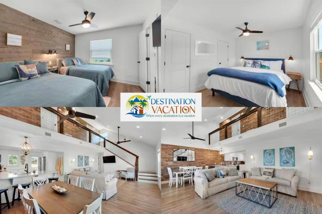 a collage of photos of a bedroom and a living room at Steps to the Beach 3BR Coastal Home Sleeps 10 in Port Saint Joe