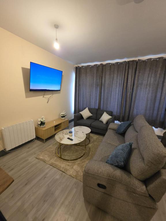 a living room with a couch and a flat screen tv at Shamrock Premium Apartment in Cork
