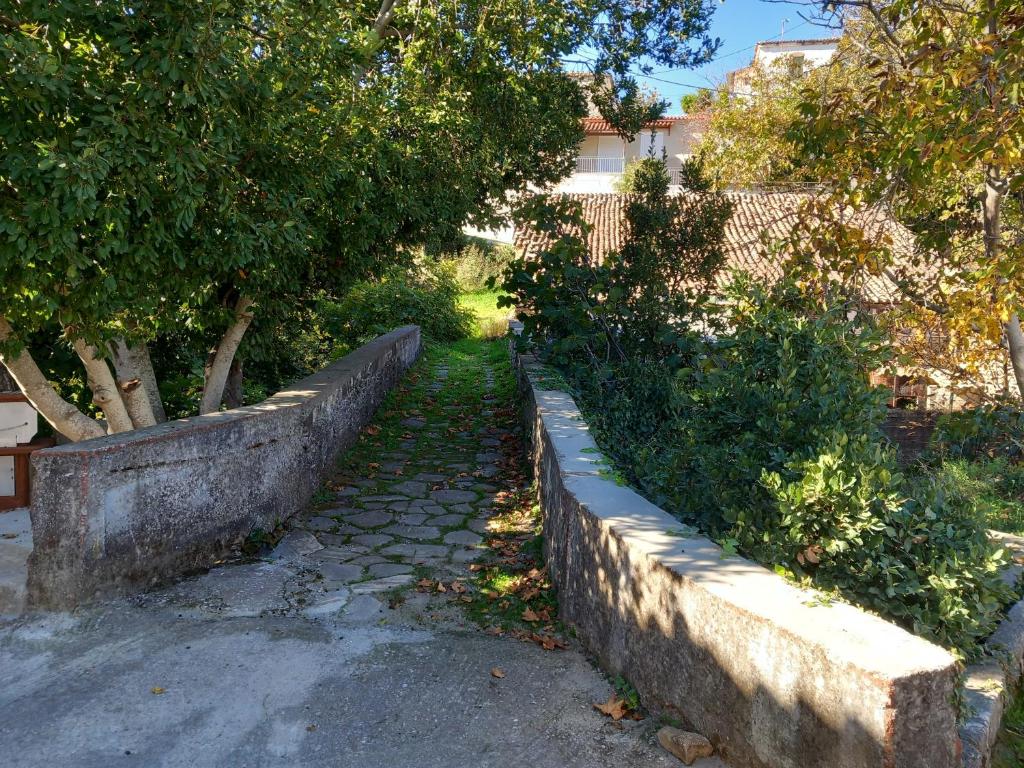 a stone path in a yard with trees and bushes at ΑΝΝΑ'S Πύργος - ΣΑΜΟΣ in Pýrgos