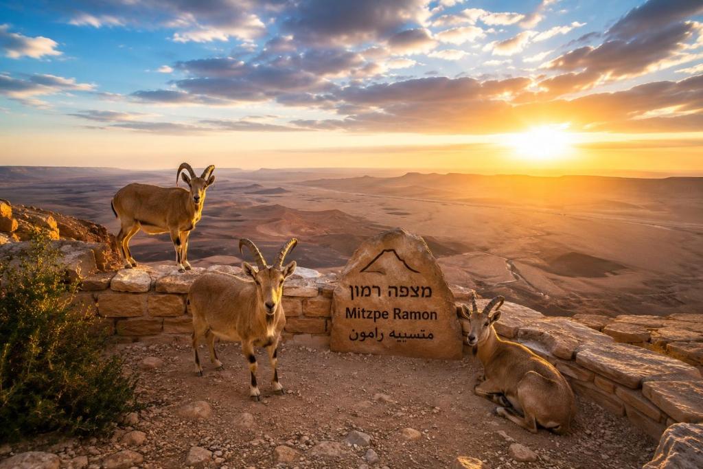 three goats standing next to a sign at the grand canyon at Olympus B&B in Mitzpe Ramon