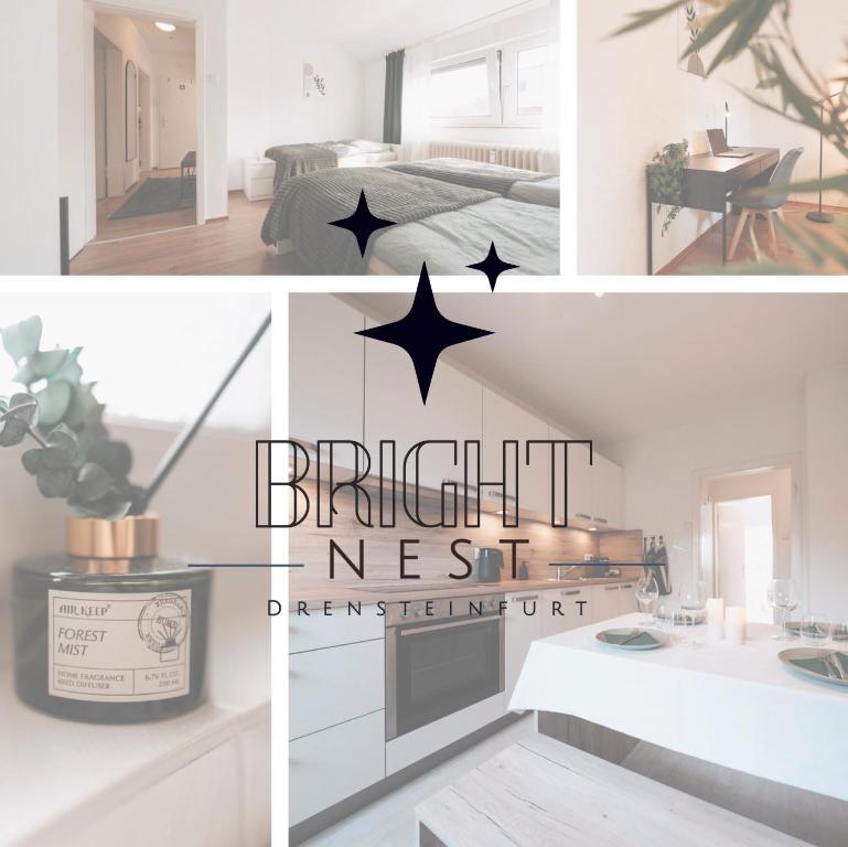 a collage of photos of a bedroom and a bathroom at Bright Nest in Drensteinfurt