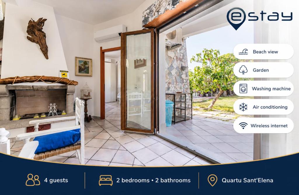 a room with a sliding glass door to a garden at Estay - Villa Foxi Serenity - Exclusive holiday in Quartu SantʼElena