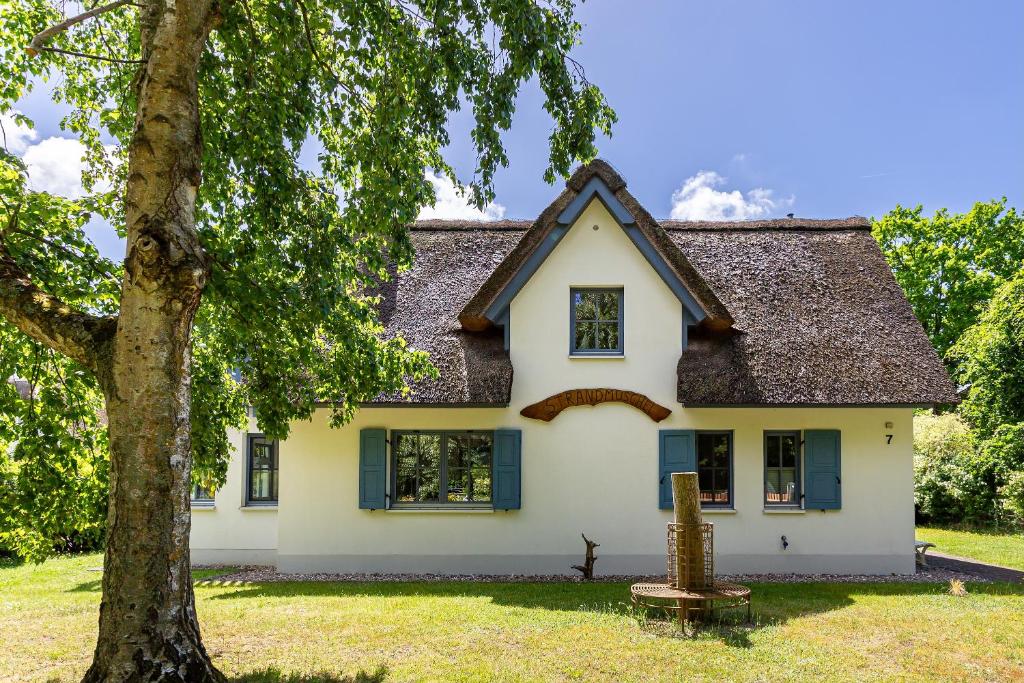 a white house with blue windows and a tree at Strandmuschel in Born