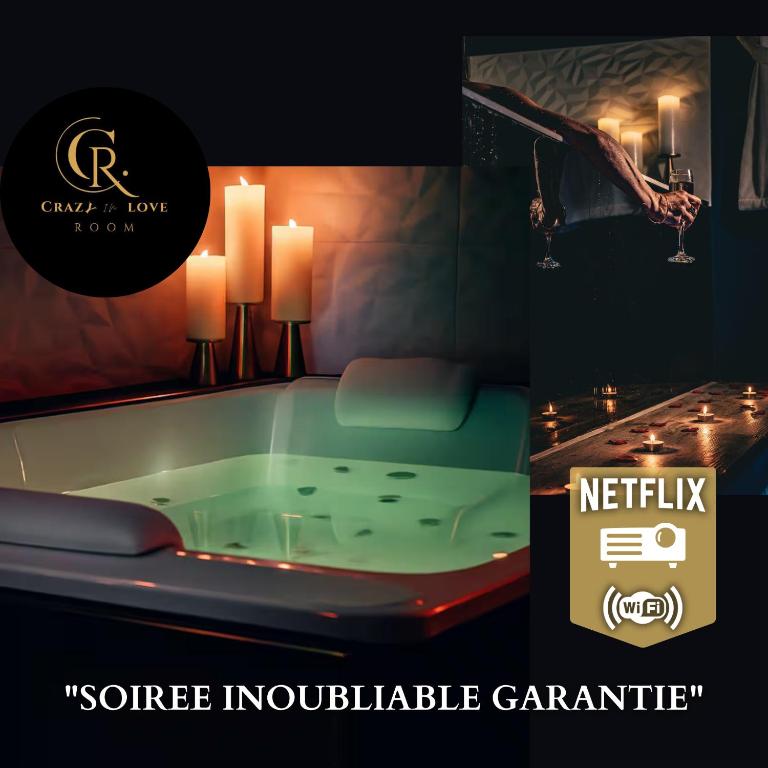 a green tub in a room with candles and a sign at Suite craz'in Love Room, jacuzzi, cinéma, climatisation, parking in Beaucaire