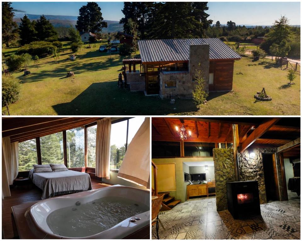 two pictures of a house with a bath tub and a bedroom at La Azotea cabañas & suites in La Cumbrecita
