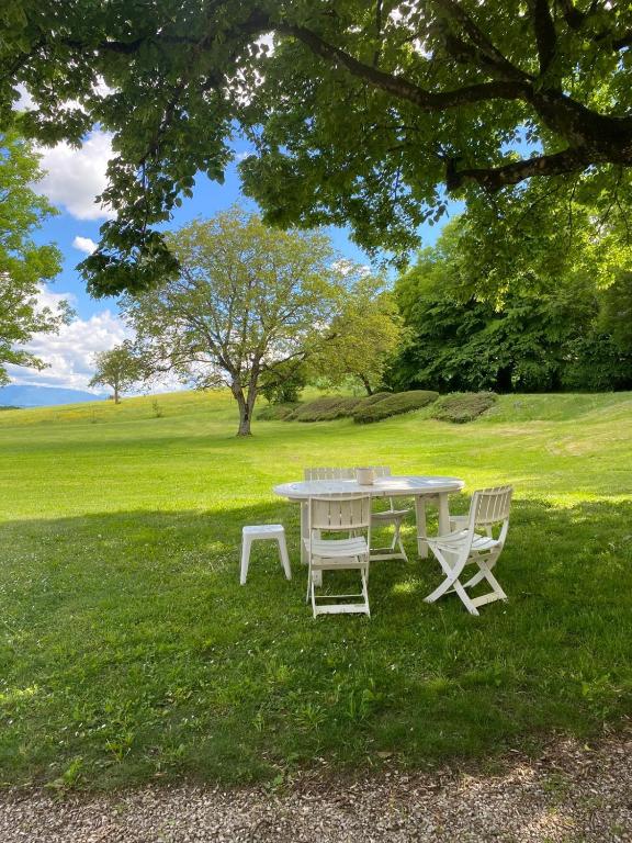 a picnic table and two chairs in the grass at Château de Savigny - Suite Eau in Savigny