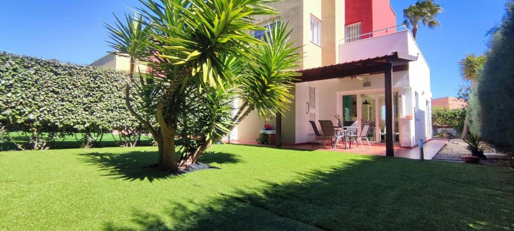 a house with a palm tree in front of a yard at Tabarca - Chalet con jardín y piscina comunitaria in Peniscola