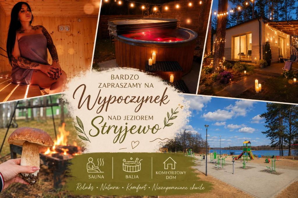 a collage of photos with a sign and a mushroom at Domek Pod Grzybkiem in Dźwierszno Małe
