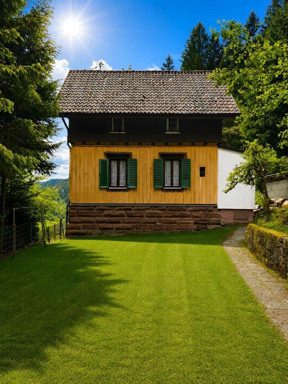 a wooden house with green windows on a green lawn at Ferienhaus Hirschglück in Alpirsbach