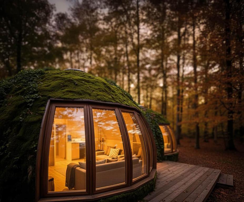 ein Rundhaus mit Wohnzimmer im Wald in der Unterkunft Forêt Dôme in Lille