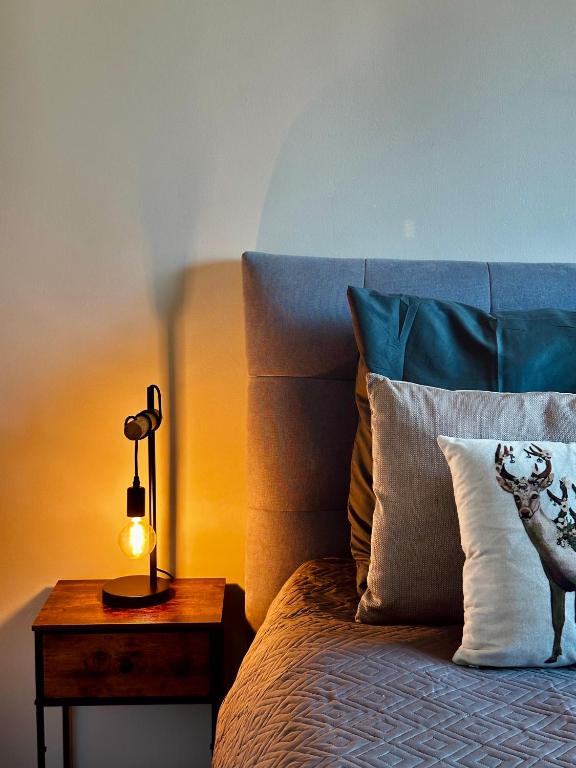 a bed with a blue headboard and a lamp on a table at Hirschquartier in Hachenburg