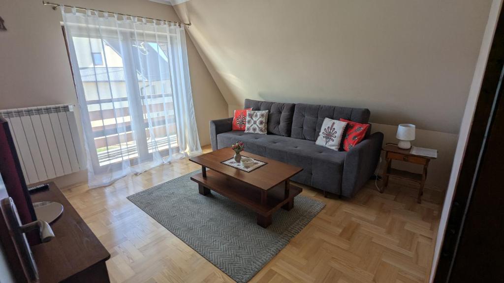 a living room with a couch and a coffee table at Apartament Sokola Skała in Falsztyn