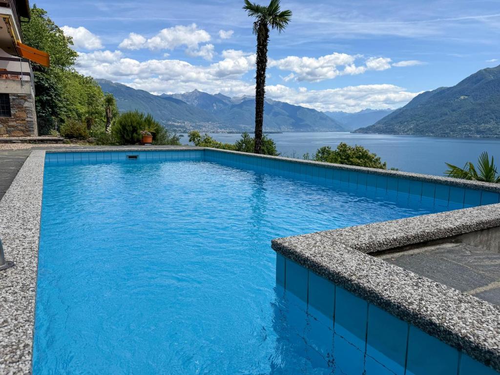 a swimming pool with a view of a lake and mountains at Parco Esotico by HolAp SA in Brissago