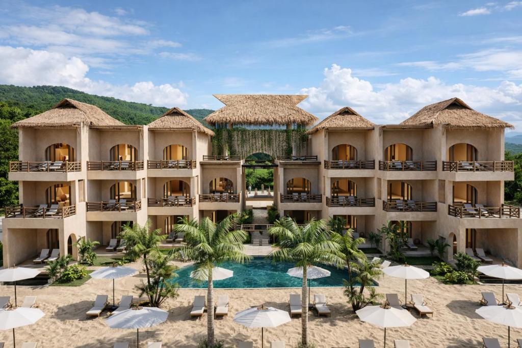 an aerial view of a resort with a swimming pool at Casa Joseph Troncones - Adults Only in Troncones