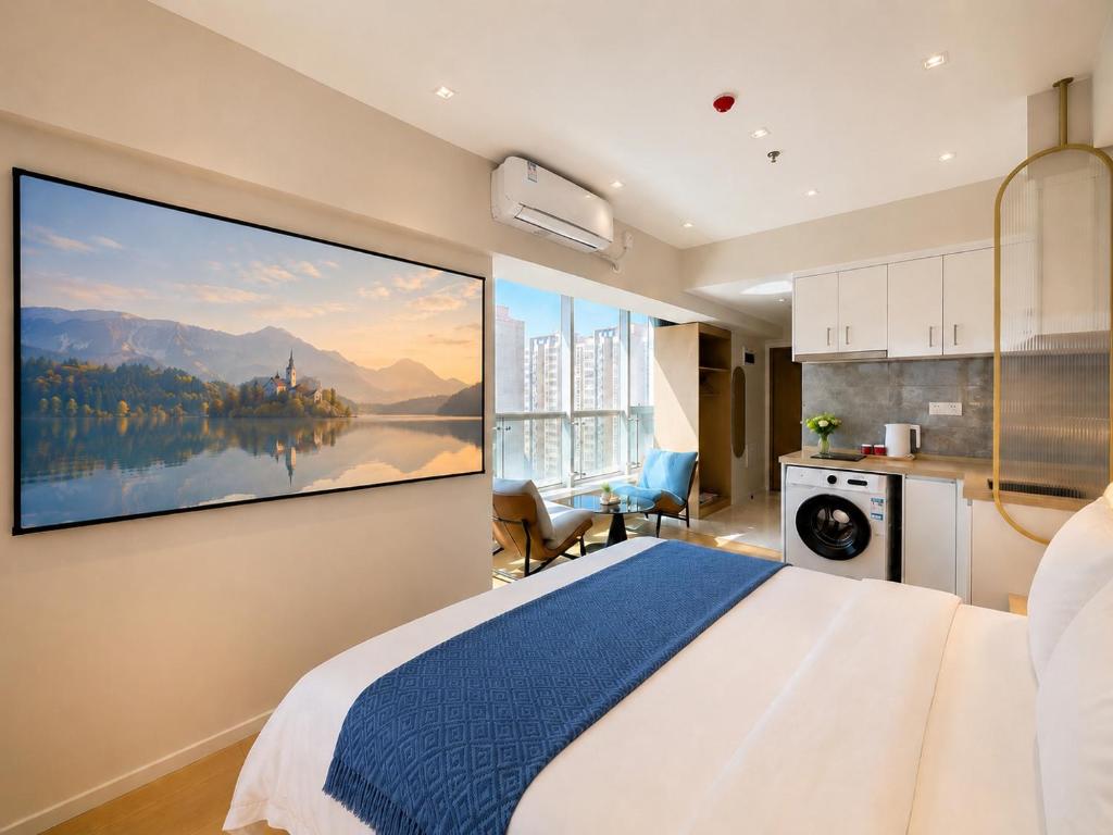 a bedroom with a large painting on the wall at Ancient City Garden Luxury Residence Xian in Xi'an
