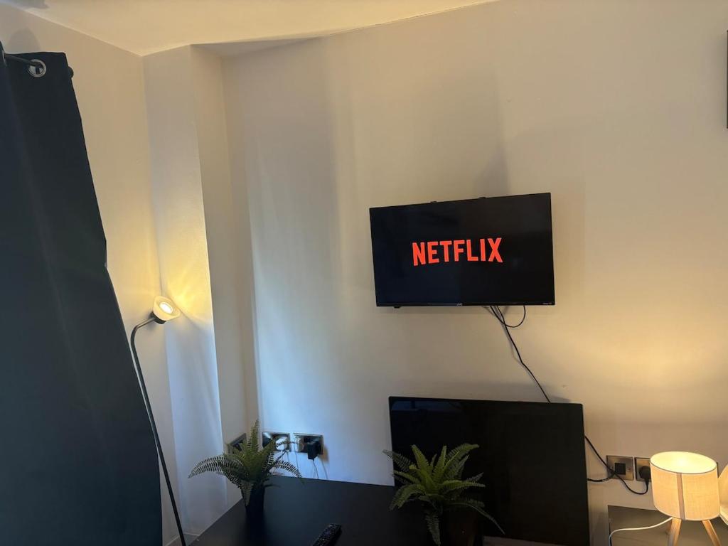 a television on a wall with a netflix sign on it at Central Sheffield Studio for 2 in Sheffield