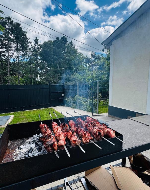 a bunch of chickens are cooking on a grill at Fir Tree Villa in Chişinău