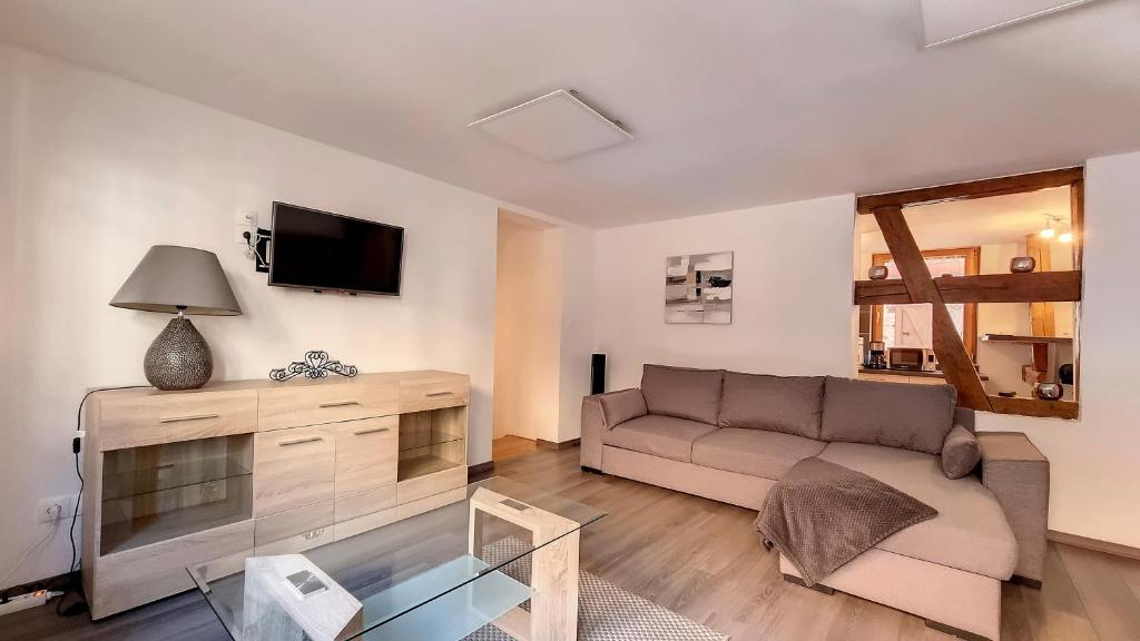 a living room with a couch and a tv at Le Zen in Eguisheim