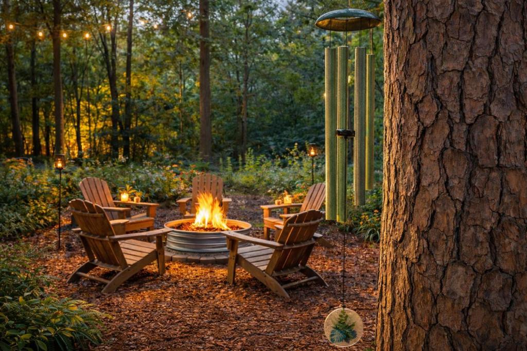 three chairs around a fire pit in a yard at Jackson’s Urban Cabin Escape in Jackson