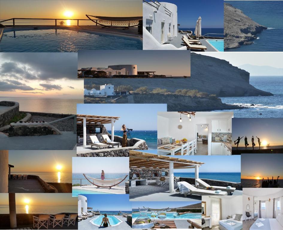 un collage de photos de bâtiments et de l'océan dans l'établissement Abelomilos Exclusive Villa, à Imerovigli
