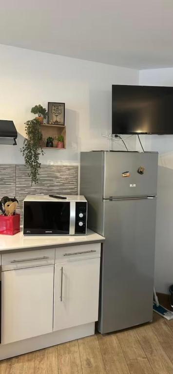 a kitchen with a microwave and a refrigerator at Studio Cosy Ax-les-Thermes Centre in Ax-les-Thermes