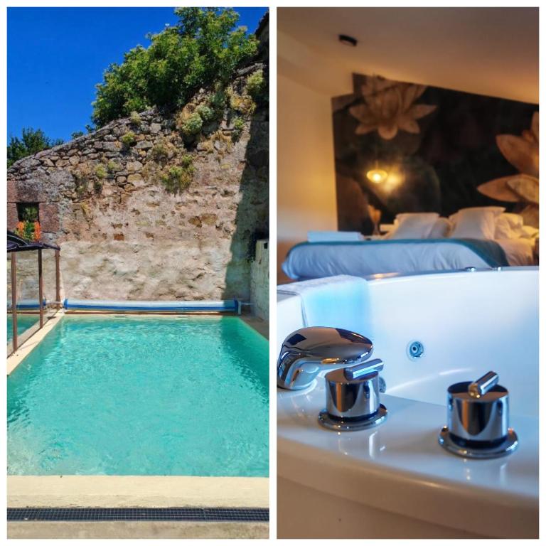 zwei Bilder eines Hotels mit Badewanne und Schlafzimmer in der Unterkunft DUO SOMNIA, suites con jacuzzi y chimenea, only adults in Barbatona