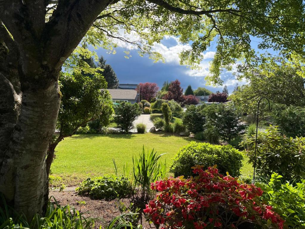 a garden with a tree and flowers in a yard at Tall Trees Departure Bay Nanaimo in Nanaimo