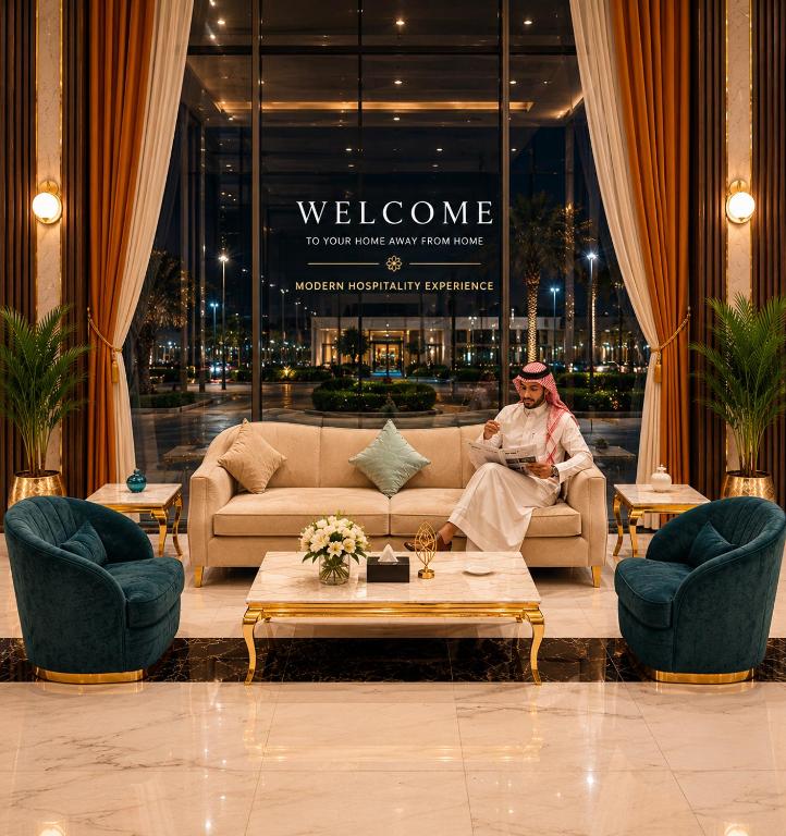 a man sitting on a couch in a lobby at TULIP PLAZA - By Le Park Concord in Hafr Al-Batin