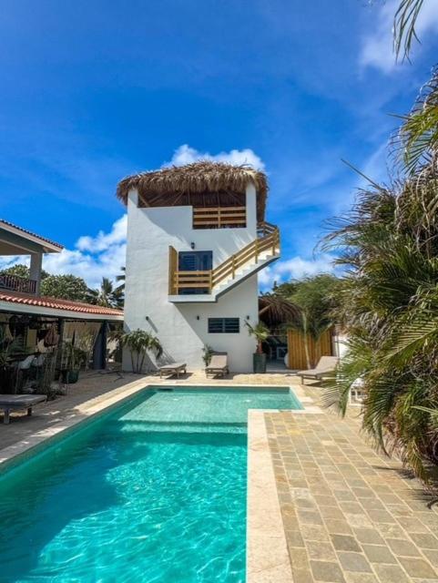 a house with a swimming pool in front of a house at Puur Bonaire Boutique Resort in Belnem